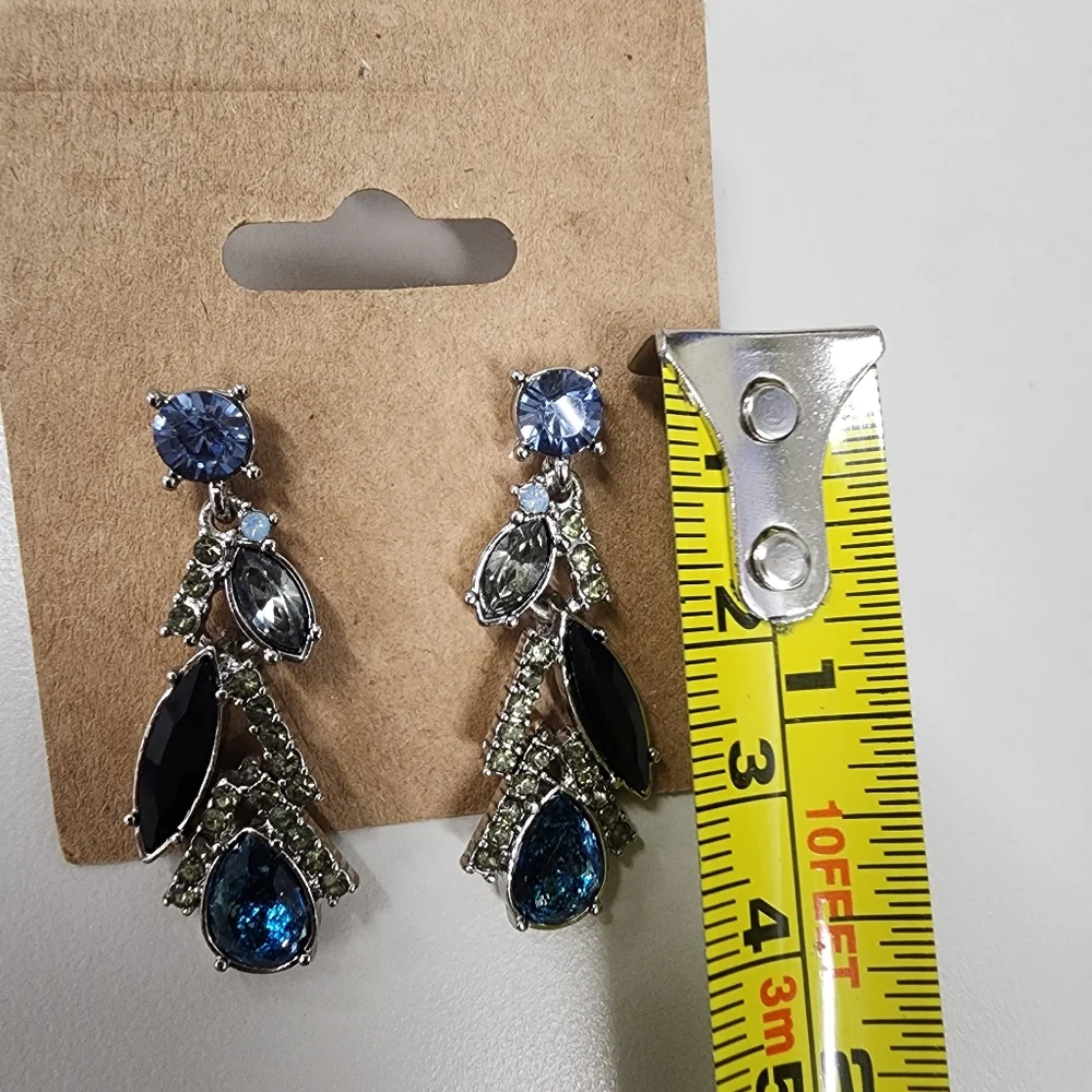 Rhinestine Drop Earrings Silver-tone Statement Prom Party Classy Blue Black Gray